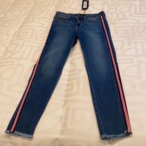 Justblack mid rise ankle skinny jeans with Gucci like ribbon piping.
